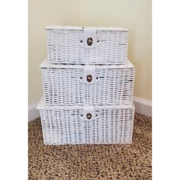 New Set of 3 Woven Wicker Storage Basket Box with Lid & Lock, Built-in Handles - Picture 1 of 1